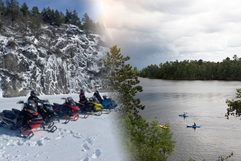 Snowmobiles on ice in winter and paddlers on water in summer; year round activities at Voyageurs Park Lodge